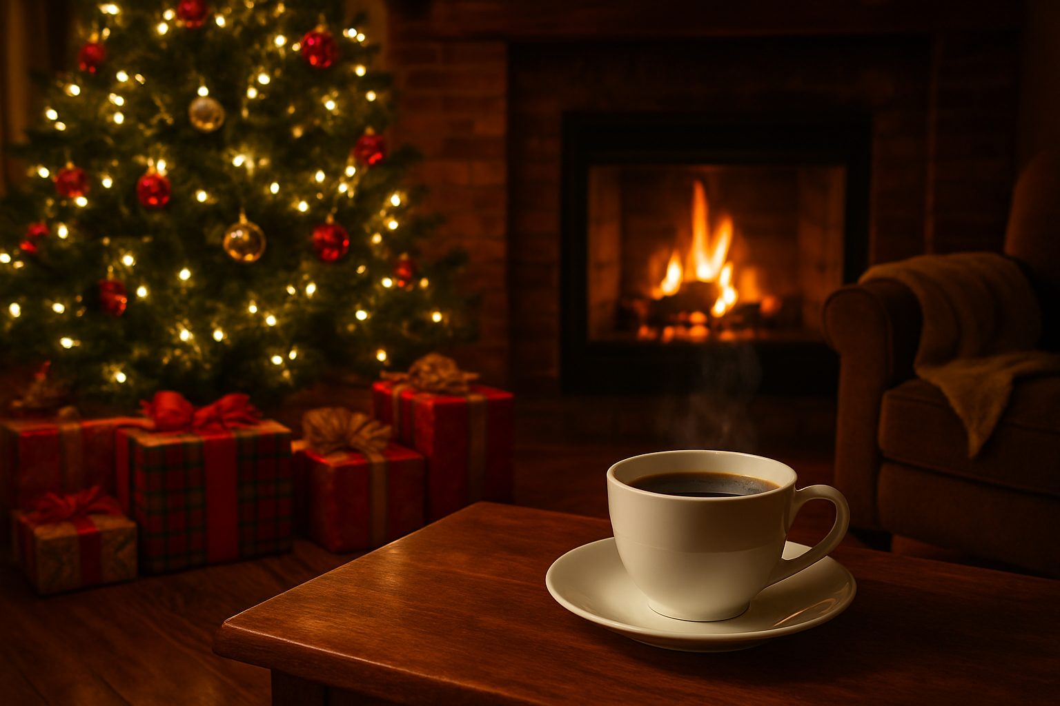 Cozy scene with coffee and decorations.